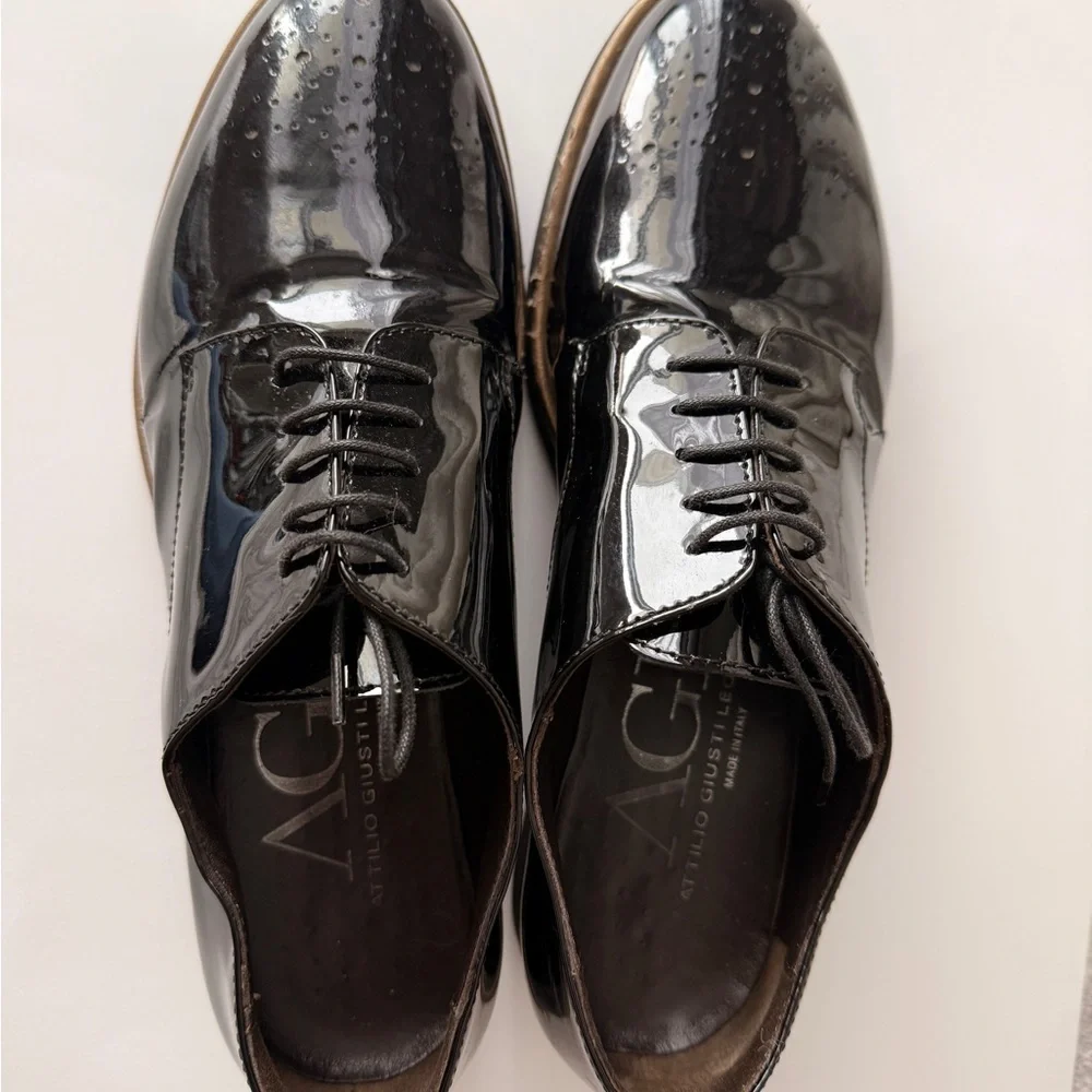 AGL Attilio Giusti‎ Leombruni Black Patent Leather Oxford Loafers Size 39.5 ITAY